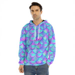 Teal Purple Mermaid Scales Pattern Print Men's Velvet Pullover Hoodie