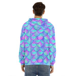Teal Purple Mermaid Scales Pattern Print Men's Velvet Pullover Hoodie