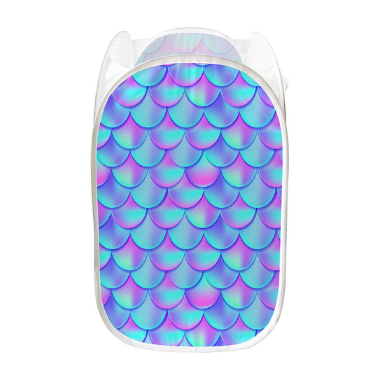 Teal Purple Mermaid Scales Pattern Print Mesh Laundry Hamper