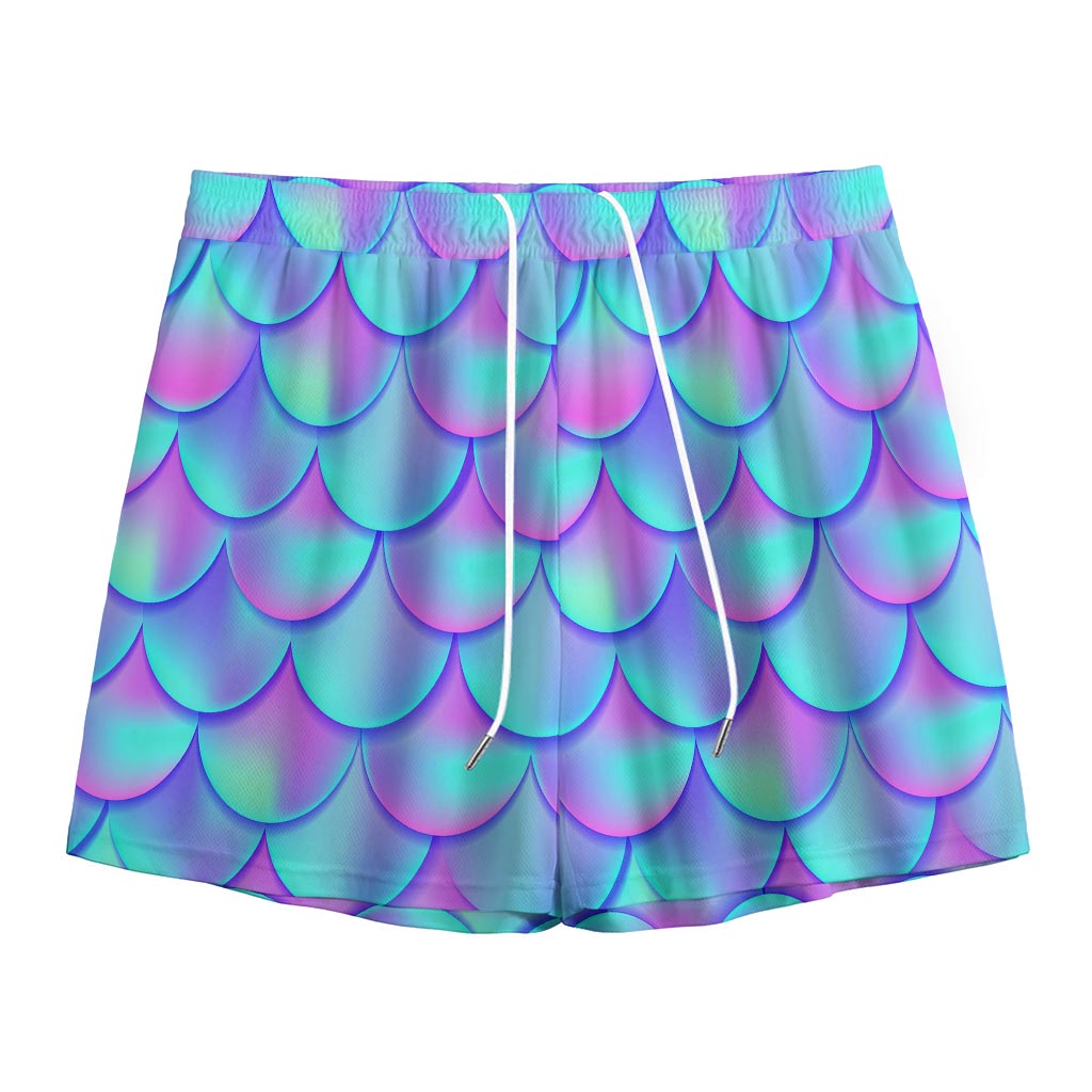 Teal Purple Mermaid Scales Pattern Print Mesh Shorts