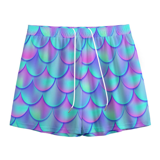 Teal Purple Mermaid Scales Pattern Print Mesh Shorts
