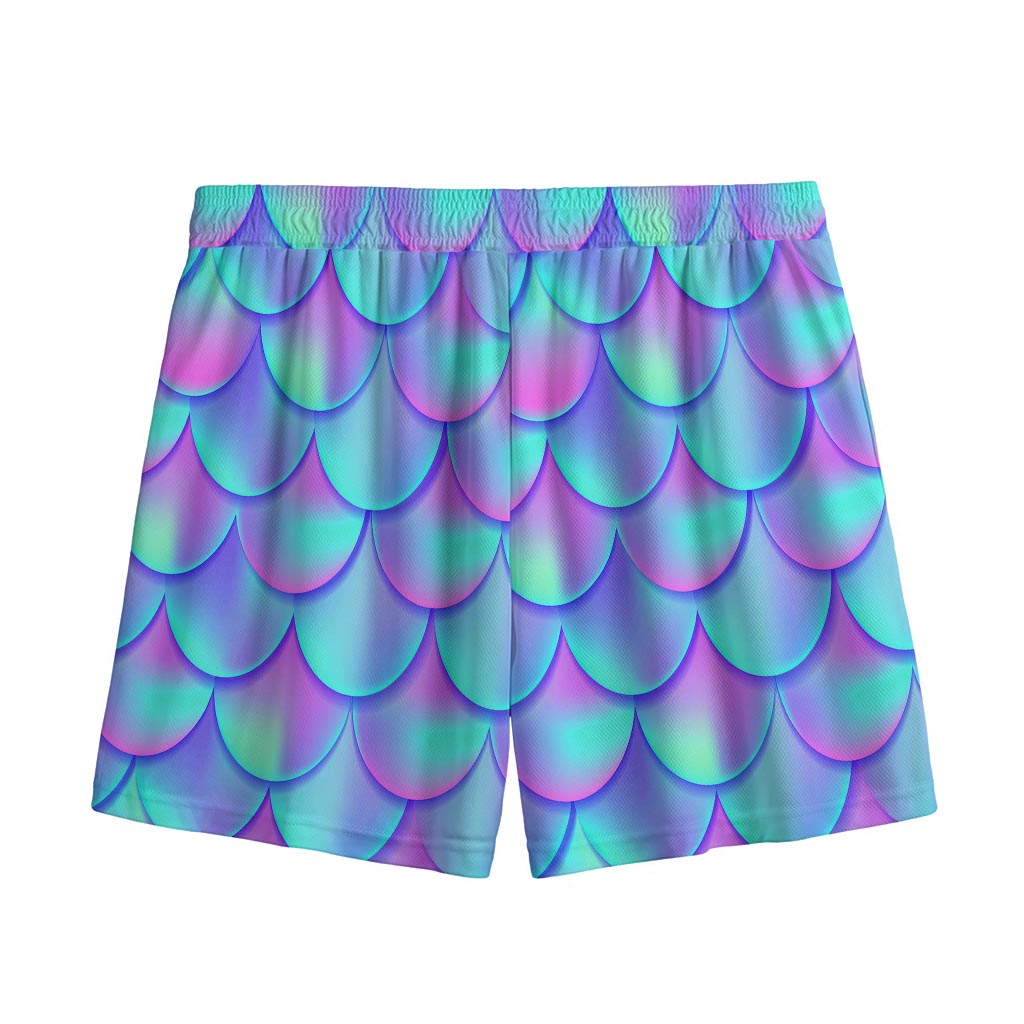 Teal Purple Mermaid Scales Pattern Print Mesh Shorts