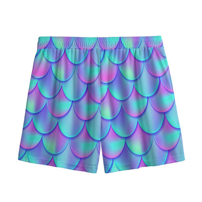Teal Purple Mermaid Scales Pattern Print Mesh Shorts