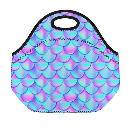 Teal Purple Mermaid Scales Pattern Print Neoprene Lunch Bag
