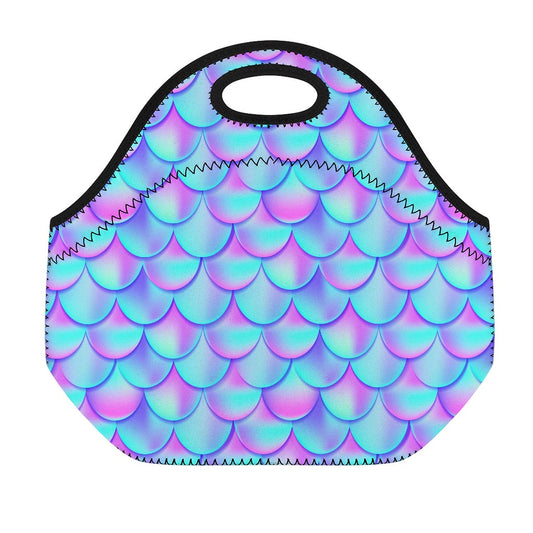 Teal Purple Mermaid Scales Pattern Print Neoprene Lunch Bag