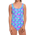Teal Purple Mermaid Scales Pattern Print One Piece Swimsuit