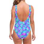 Teal Purple Mermaid Scales Pattern Print One Piece Swimsuit