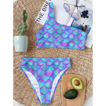 Teal Purple Mermaid Scales Pattern Print One Shoulder Bikini Top