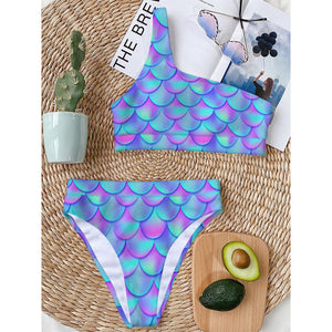 Teal Purple Mermaid Scales Pattern Print One Shoulder Bikini Top