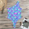 Teal Purple Mermaid Scales Pattern Print One Shoulder Bodysuit