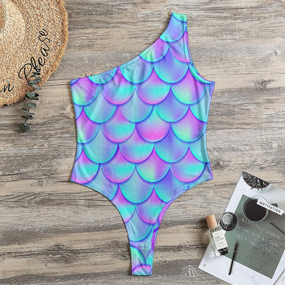 Teal Purple Mermaid Scales Pattern Print One Shoulder Bodysuit