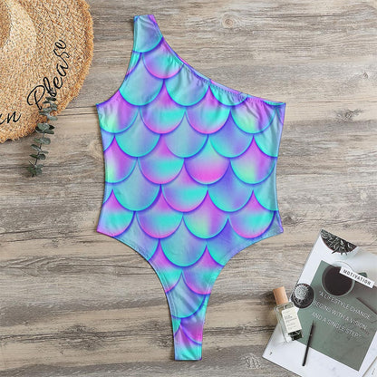 Teal Purple Mermaid Scales Pattern Print One Shoulder Bodysuit