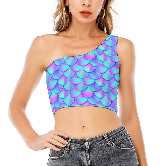 Teal Purple Mermaid Scales Pattern Print One Shoulder Crop Top