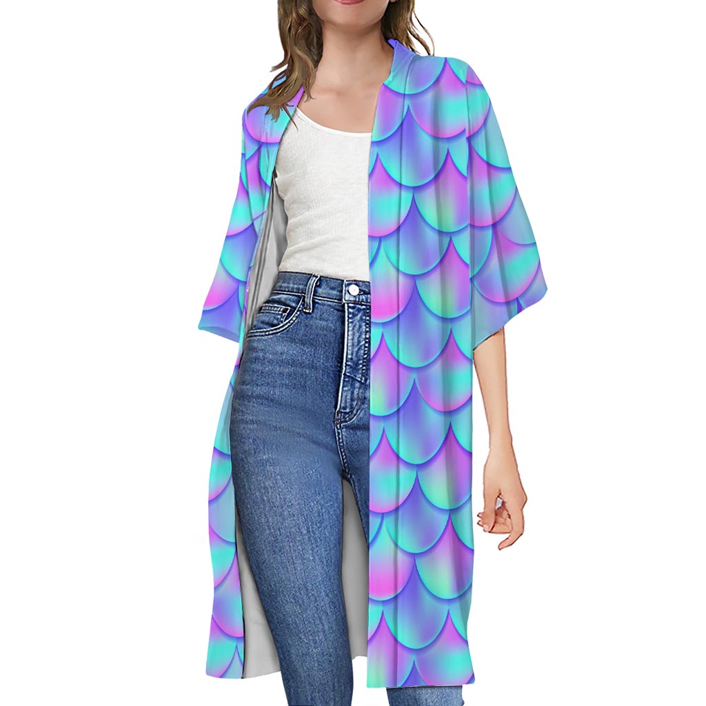 Teal Purple Mermaid Scales Pattern Print Open Front Beach Cover Up