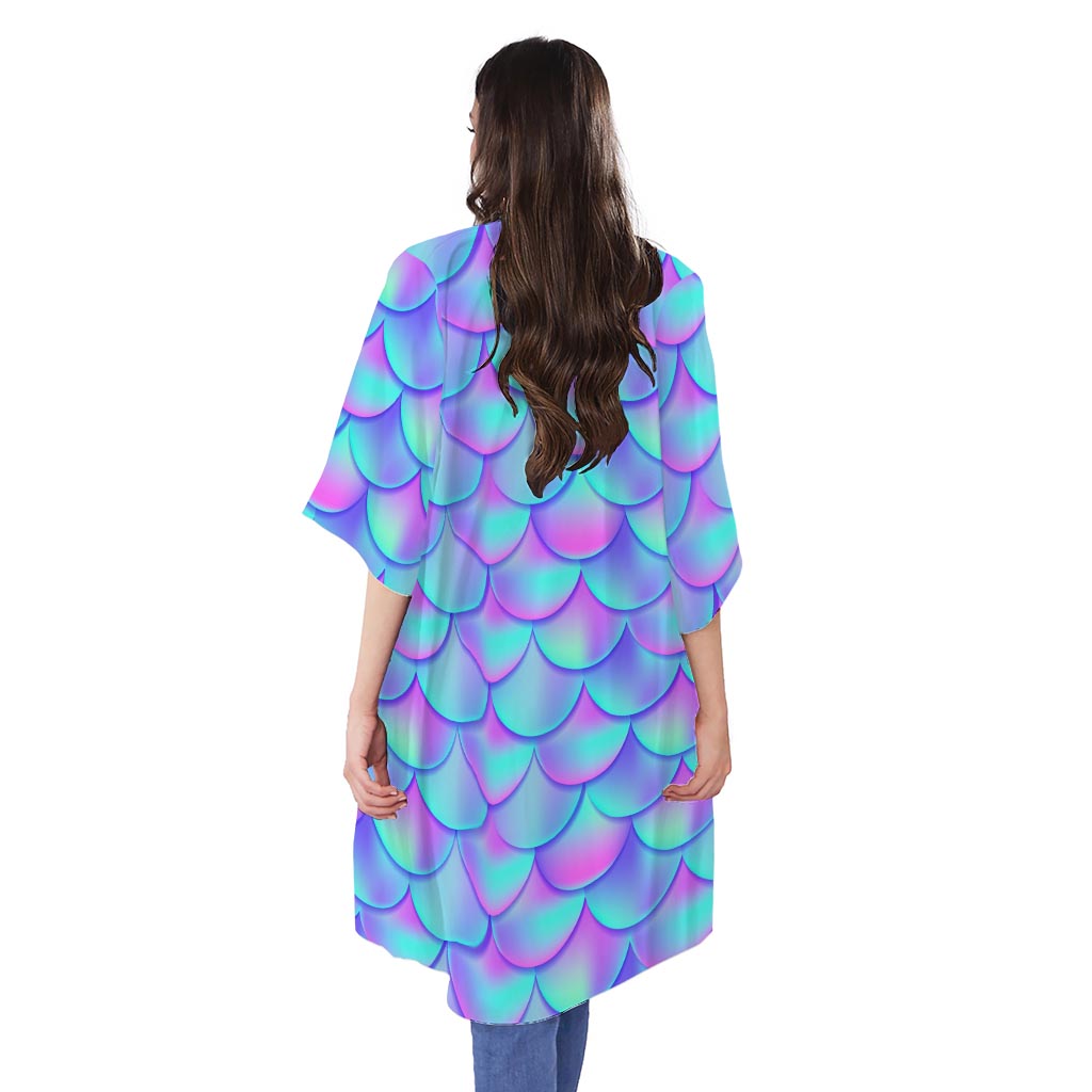 Teal Purple Mermaid Scales Pattern Print Open Front Beach Cover Up