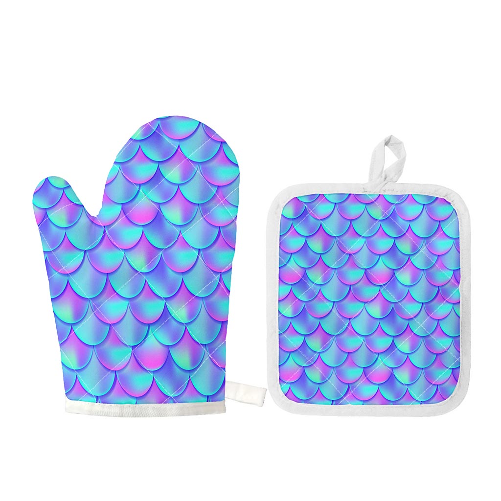 Teal Purple Mermaid Scales Pattern Print Oven Mitt And Pot Holder Set