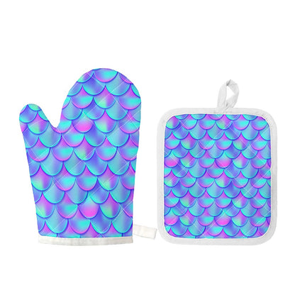 Teal Purple Mermaid Scales Pattern Print Oven Mitt And Pot Holder Set