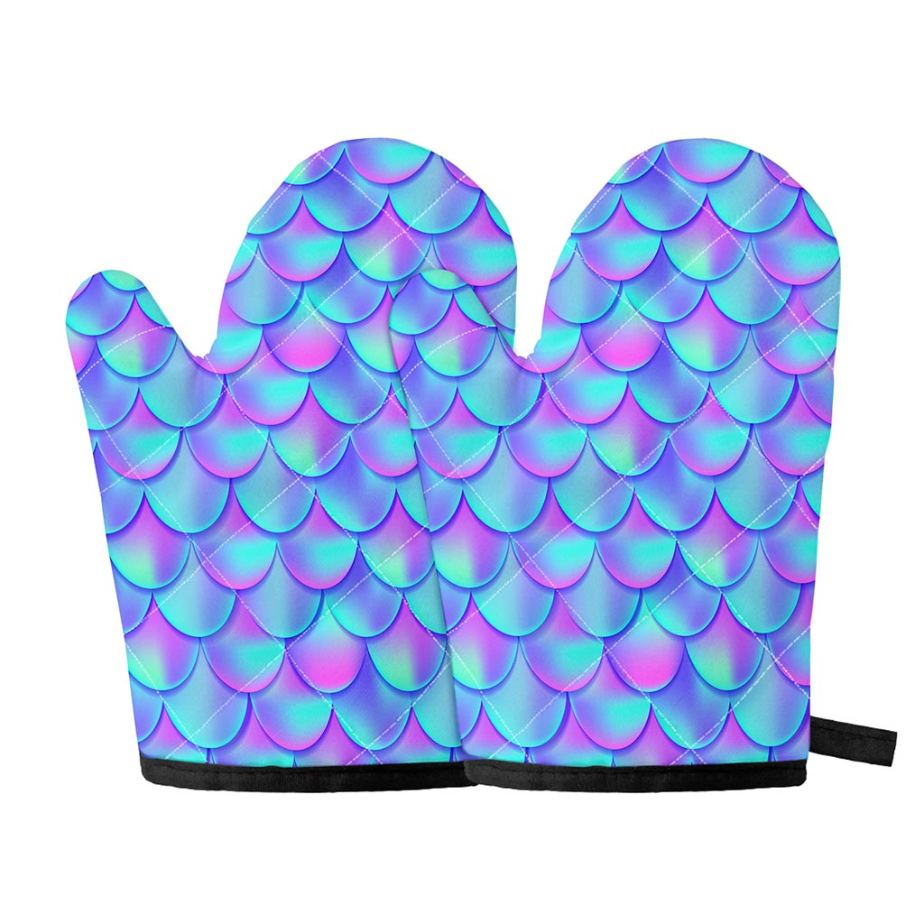Teal Purple Mermaid Scales Pattern Print Oven Mitts
