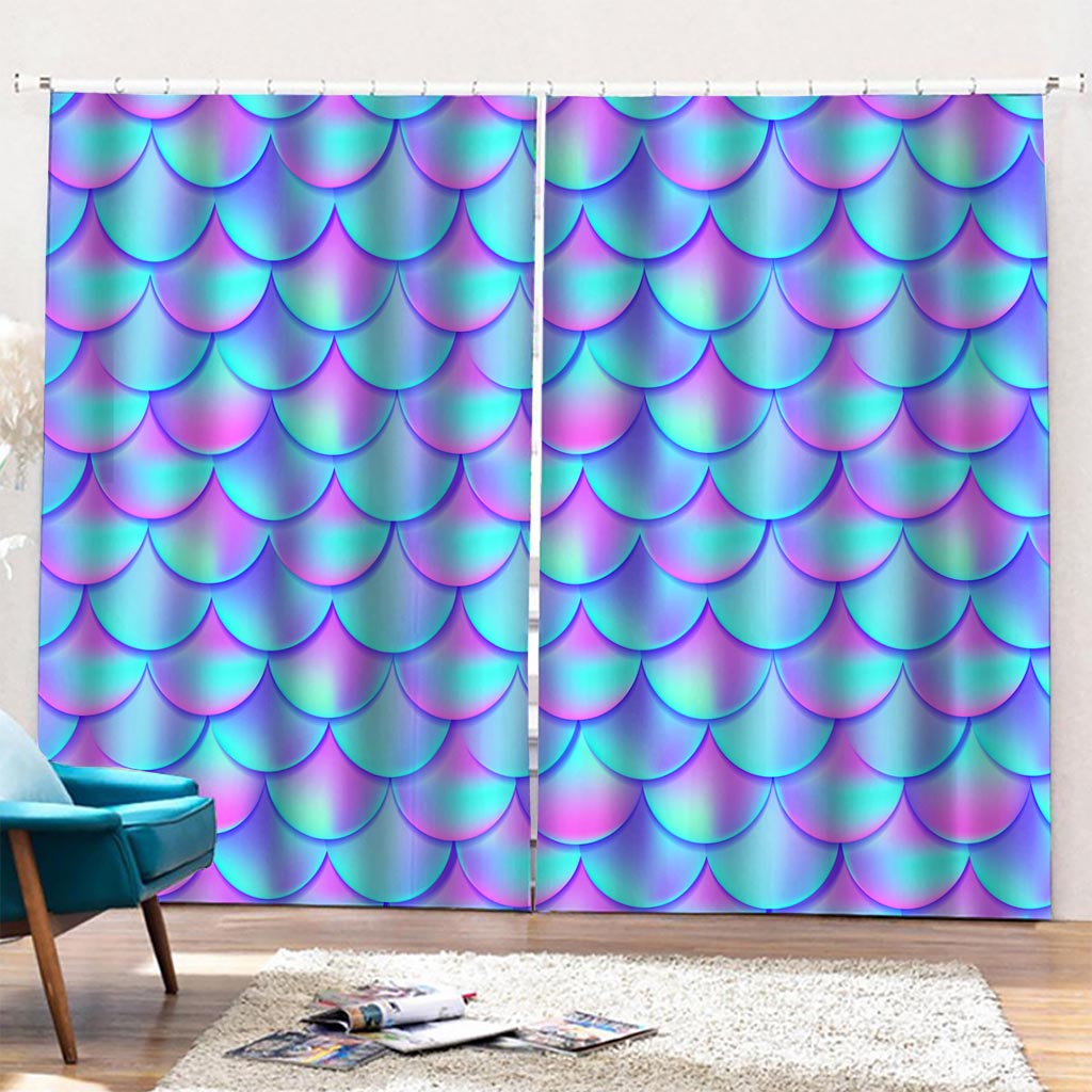 Teal Purple Mermaid Scales Pattern Print Pencil Pleat Curtains