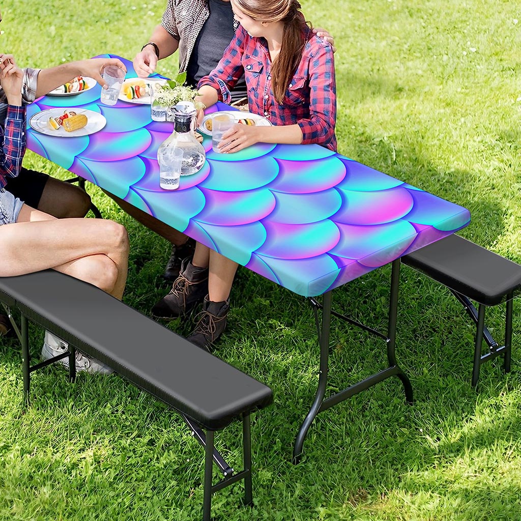 Teal Purple Mermaid Scales Pattern Print Picnic Table Cover