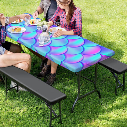 Teal Purple Mermaid Scales Pattern Print Picnic Table Cover