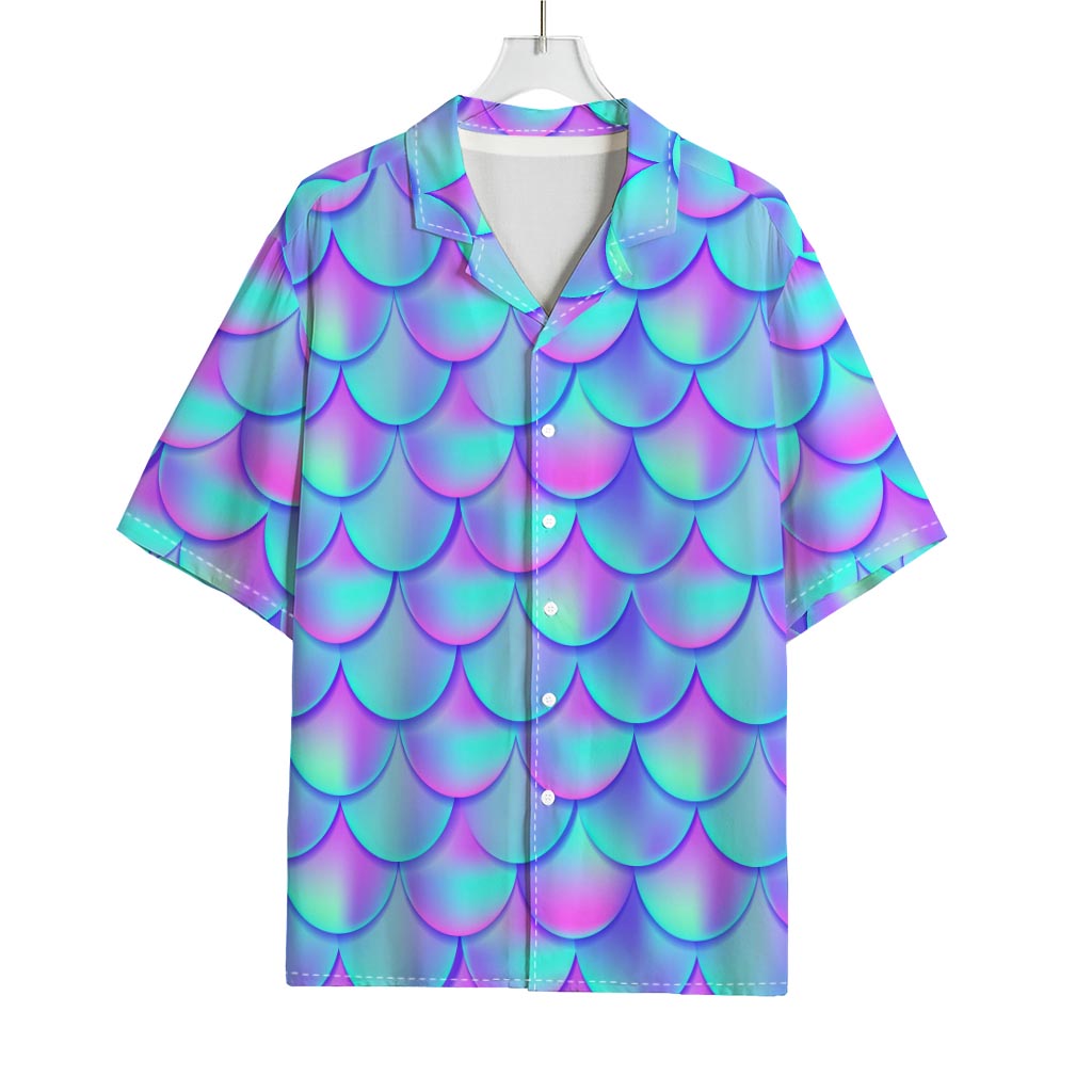 Teal Purple Mermaid Scales Pattern Print Rayon Hawaiian Shirt