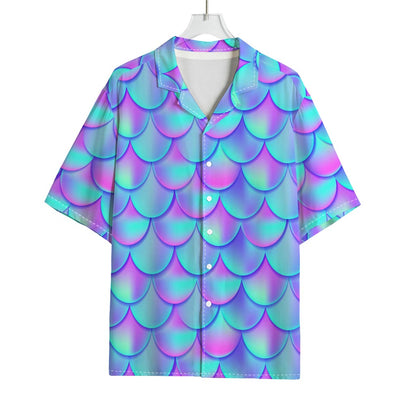 Teal Purple Mermaid Scales Pattern Print Rayon Hawaiian Shirt