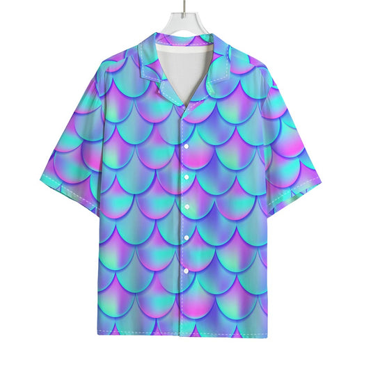Teal Purple Mermaid Scales Pattern Print Rayon Hawaiian Shirt