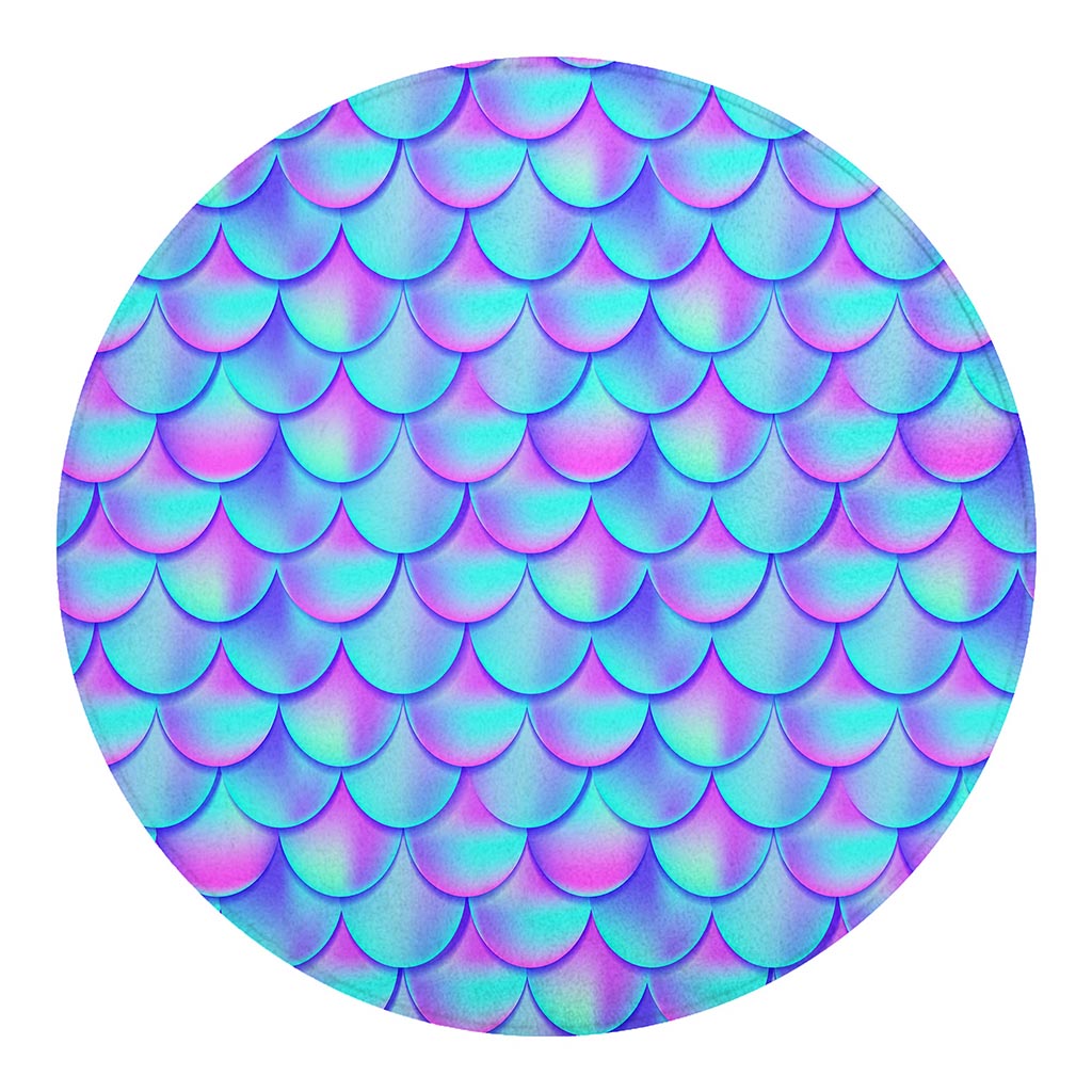 Teal Purple Mermaid Scales Pattern Print Round Blanket
