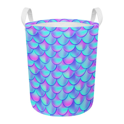 Teal Purple Mermaid Scales Pattern Print Round Laundry Basket