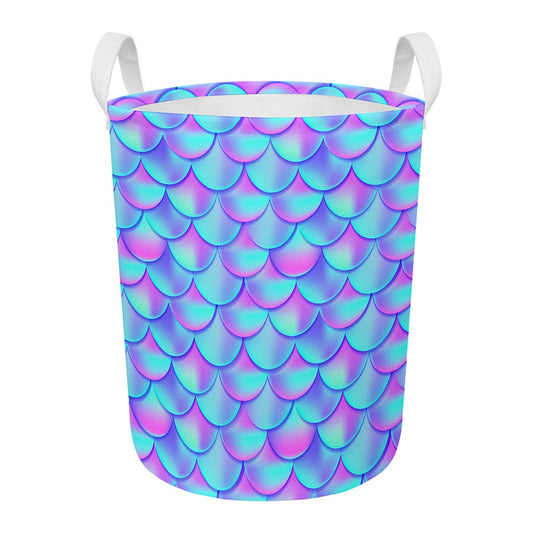 Teal Purple Mermaid Scales Pattern Print Round Laundry Basket