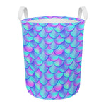 Teal Purple Mermaid Scales Pattern Print Round Laundry Basket