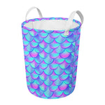 Teal Purple Mermaid Scales Pattern Print Round Laundry Basket