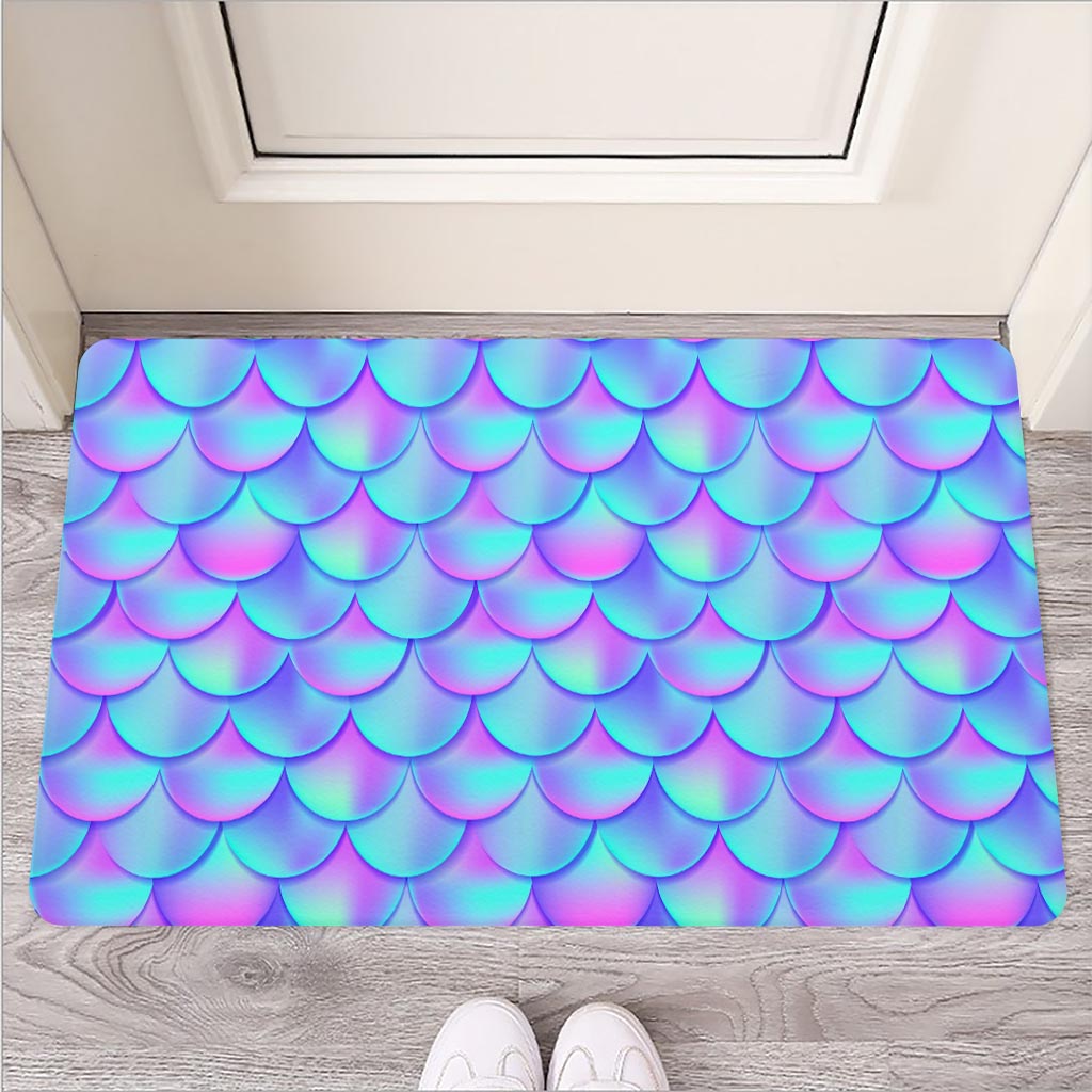 Teal Purple Mermaid Scales Pattern Print Rubber Doormat