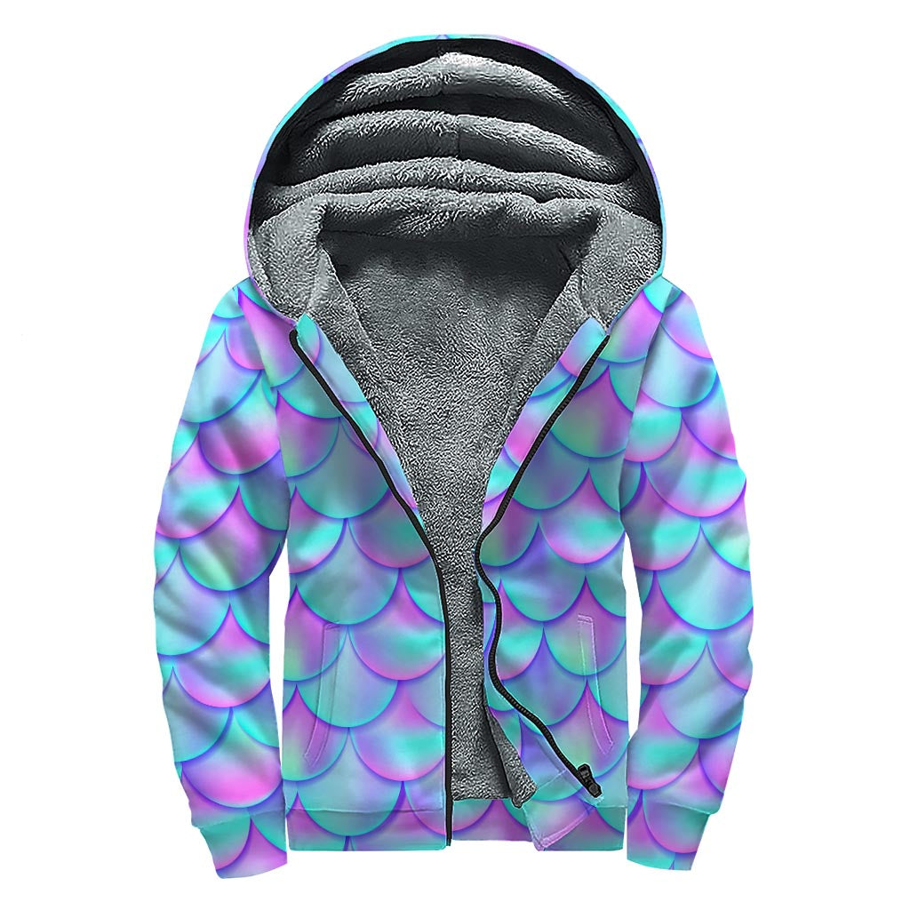 Teal Purple Mermaid Scales Pattern Print Sherpa Lined Zip Up Hoodie