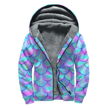 Teal Purple Mermaid Scales Pattern Print Sherpa Lined Zip Up Hoodie