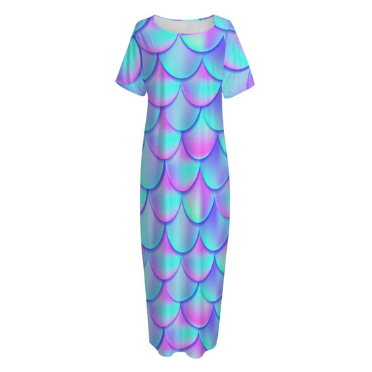 Teal Purple Mermaid Scales Pattern Print Short Sleeve Long Nightdress