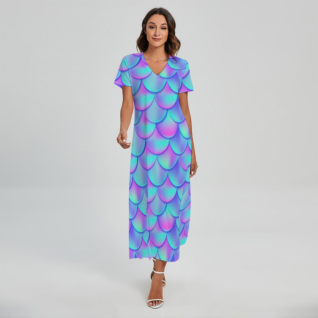 Teal Purple Mermaid Scales Pattern Print Short Sleeve Maxi Dress