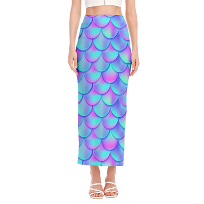 Teal Purple Mermaid Scales Pattern Print Side Slit Maxi Skirt