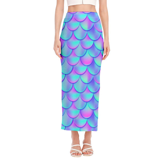 Teal Purple Mermaid Scales Pattern Print Side Slit Maxi Skirt