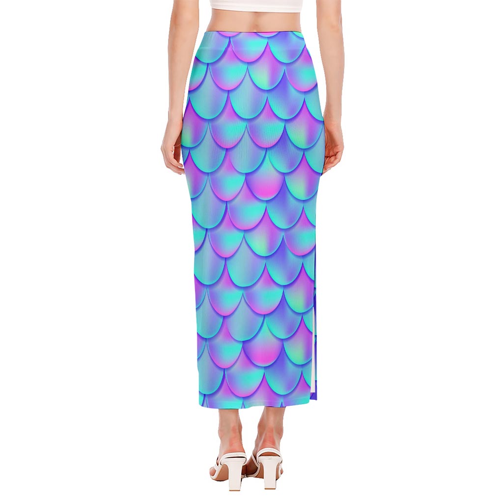 Teal Purple Mermaid Scales Pattern Print Side Slit Maxi Skirt