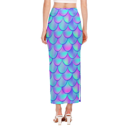 Teal Purple Mermaid Scales Pattern Print Side Slit Maxi Skirt
