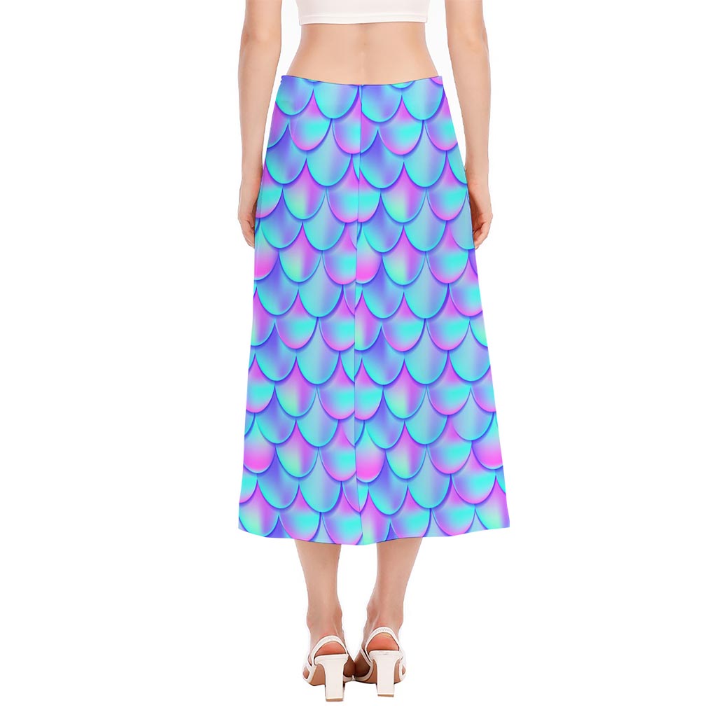 Teal Purple Mermaid Scales Pattern Print Side Slit Midi Skirt