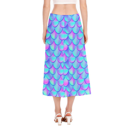 Teal Purple Mermaid Scales Pattern Print Side Slit Midi Skirt