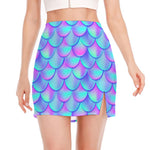 Teal Purple Mermaid Scales Pattern Print Side Slit Mini Skirt