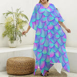 Teal Purple Mermaid Scales Pattern Print Silk V-Neck Kaftan Dress