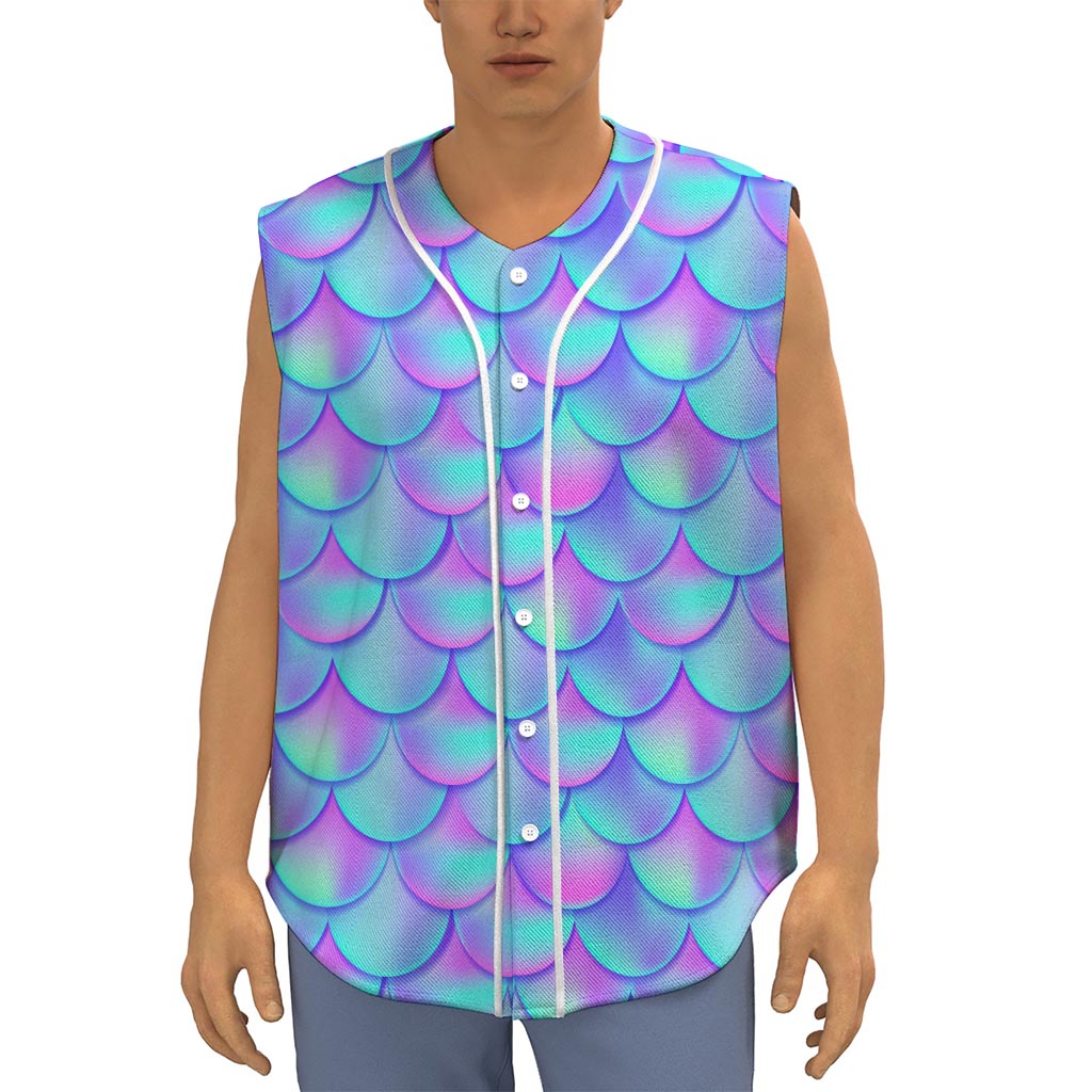 Teal Purple Mermaid Scales Pattern Print Sleeveless Baseball Jersey