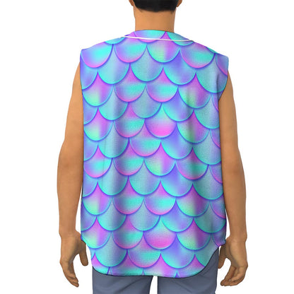 Teal Purple Mermaid Scales Pattern Print Sleeveless Baseball Jersey