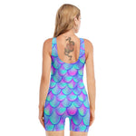 Teal Purple Mermaid Scales Pattern Print Sleeveless One Piece Swimsuit