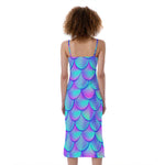 Teal Purple Mermaid Scales Pattern Print Slim Fit Midi Cami Dress